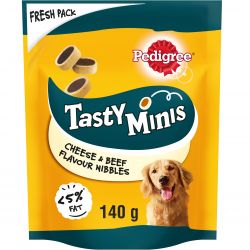 Pedigree Tasty Minis Dog Treats Cheesy Nibbles with Cheese and Beef 140g •